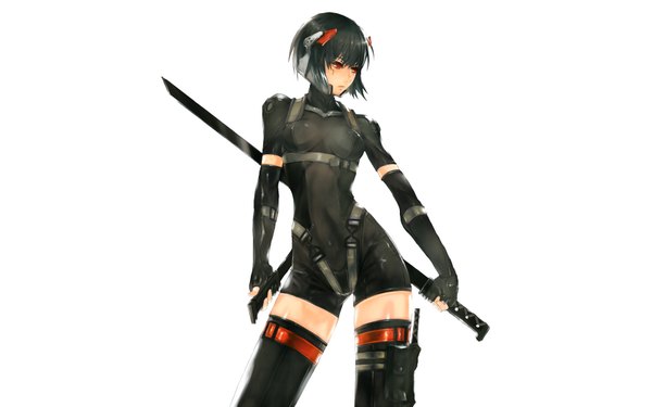 Anime picture 1680x1050 with ghost in the shell metal gear metal gear solid production i.g kusanagi motoko raiden 2d (artist) single short hair black hair simple background red eyes wide image standing white background holding zettai ryouiki girl thighhighs sword