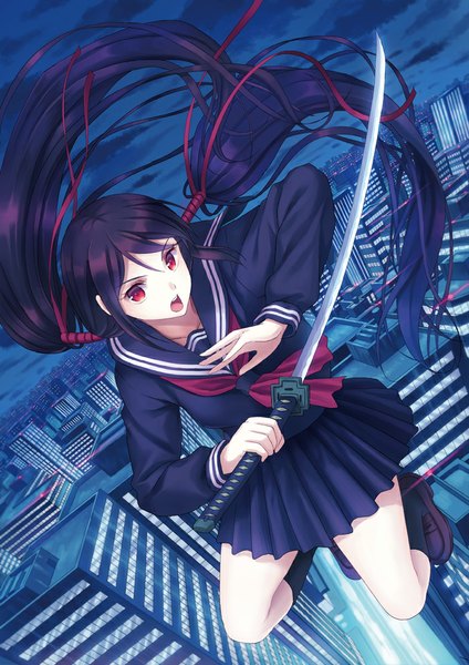 Anime picture 700x990 with blood c production i.g kisaragi saya kichiroku single tall image looking at viewer fringe open mouth red eyes twintails holding blue hair cloud (clouds) bent knee (knees) outdoors very long hair pleated skirt wind night