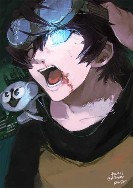 Anime picture 800x1132 with kekkai sensen studio bones leonardo watch sonic speed monkey tagme (artist) tall image short hair open mouth blue eyes brown hair signed one eye closed inscription teeth city glowing dated dark background cityscape glowing eye (eyes)