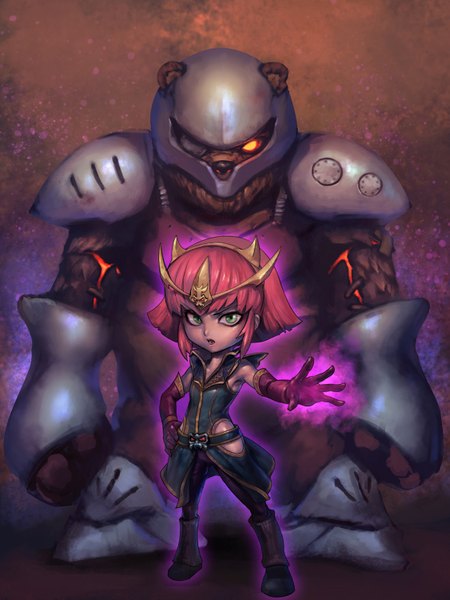 Anime picture 1125x1500 with league of legends annie (league of legends) tibbers (league of legends) phantom (ptcrow) tall image looking at viewer short hair open mouth standing green eyes yellow eyes red hair outstretched arm gloves animal elbow gloves armor helmet spaulder (spaulders) vambraces