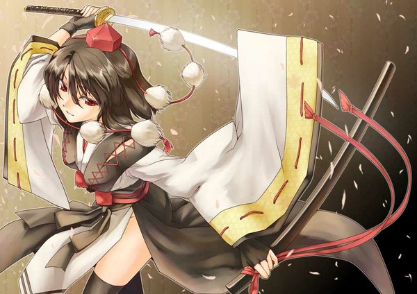 Anime picture 1078x763 with touhou shameimaru aya caesar et cleopatra (abo) short hair black hair red eyes japanese clothes wide sleeves kourindou tengu costume girl thighhighs weapon black thighhighs petals sword kimono katana sheath tokin hat