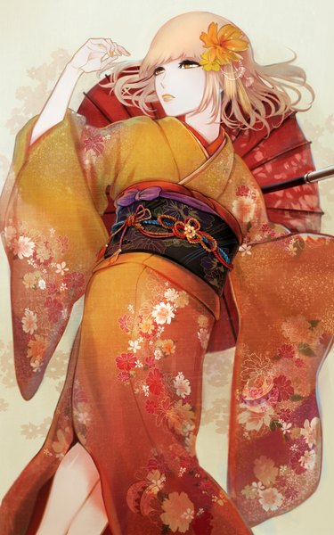 Anime picture 1000x1598 with kangoku gakuen midorikawa hana asarai single tall image fringe short hair blonde hair yellow eyes looking away lying blunt bangs long sleeves traditional clothes parted lips japanese clothes arm up fingernails from above lips