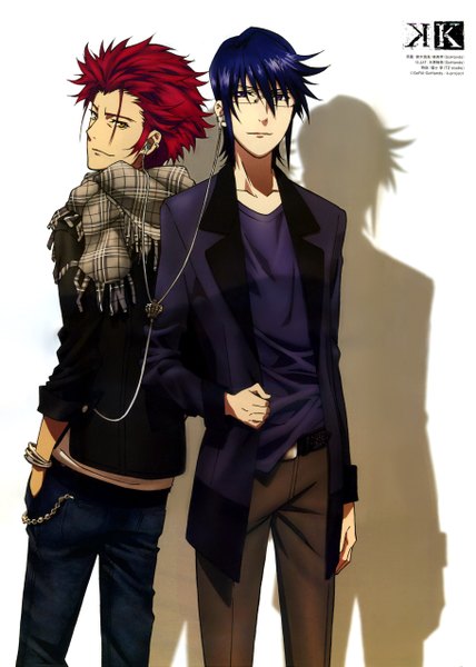 Anime picture 1820x2548 with k-project gohands (studio) mikoto suoh munakata reishi tall image looking at viewer highres short hair simple background smile white background yellow eyes blue hair red hair inscription multiple boys hand in pocket back to back boy glasses