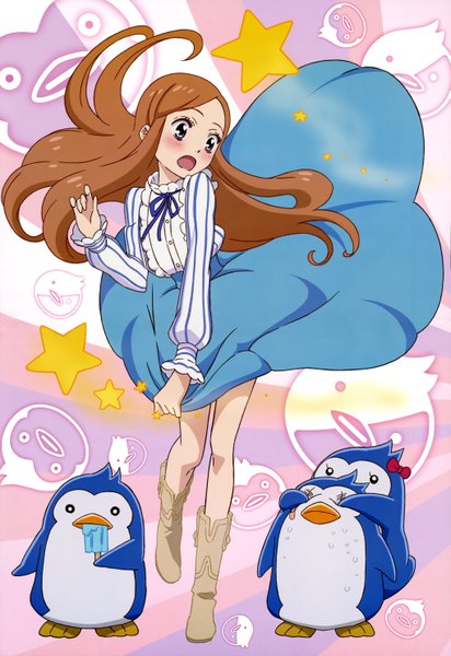 Anime picture 4074x5925 with mawaru penguindrum nyantype takakura himari penguin 3-gou penguin 1-gou penguin 2-gou sonobe aiko single long hair tall image blush highres open mouth brown hair absurdres black eyes tears girl dress animal