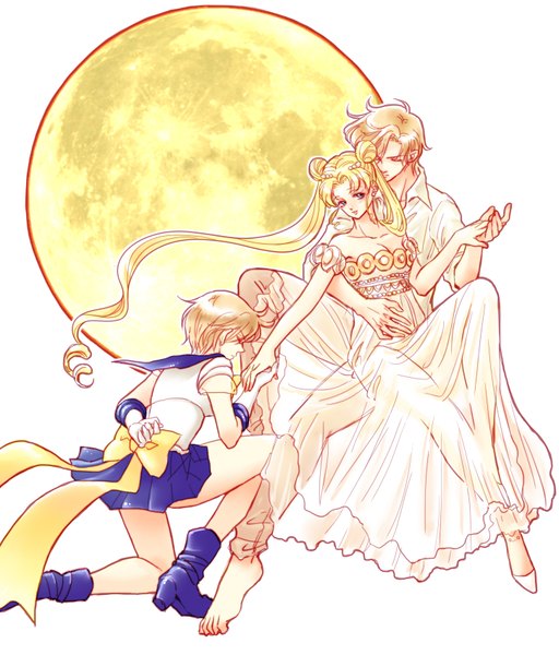 Anime picture 1450x1700 with bishoujo senshi sailor moon toei animation princess serenity tenou haruka sailor uranus tall image short hair blue eyes simple background blonde hair white background sitting twintails multiple girls eyes closed very long hair pleated skirt barefoot hair bun (hair buns) hug