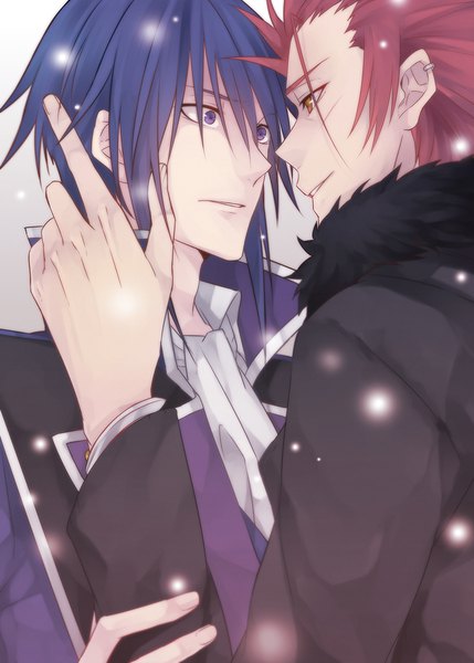 Anime picture 800x1119 with k-project gohands (studio) mikoto suoh munakata reishi bya (artist) tall image blue eyes brown eyes blue hair upper body red hair multiple boys fur trim eye contact shounen ai surprised hand on another's face boy earrings fur