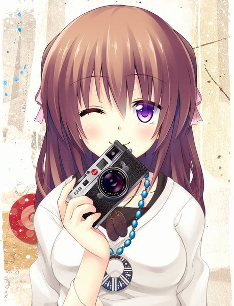 Anime picture 1200x1566 with original artlounge single long hair tall image looking at viewer smile brown hair purple eyes one eye closed wink girl beads camera
