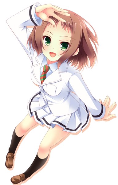 Anime picture 1000x1562 with love live! school idol project sunrise (studio) love live! kira tsubasa a flow single tall image blush short hair open mouth simple background smile brown hair white background green eyes :d pleated skirt girl skirt uniform