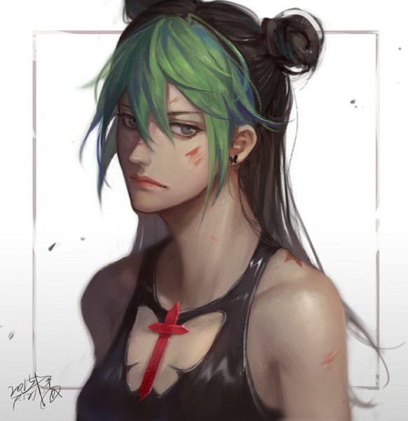 Anime picture 997x1028 with jojo no kimyou na bouken kujo jolyne fan ju single long hair tall image black hair simple background bare shoulders signed looking away multicolored hair green hair mole two-tone hair grey eyes hair bun (hair buns) gradient background dated portrait