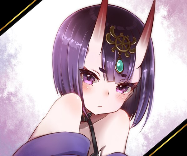 Anime picture 1300x1083 with fate (series) fate/grand order shuten douji (fate) pilokey single looking at viewer blush fringe short hair purple eyes bare shoulders purple hair upper body horn (horns) eyebrows oni horns cute oni girl hair ornament