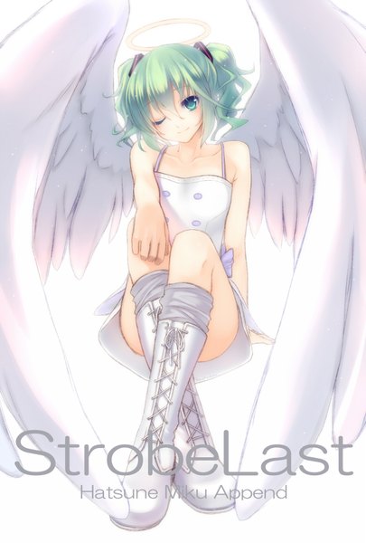 Anime picture 1181x1748 with vocaloid hatsune miku nana mikoto single tall image short hair simple background smile white background twintails green eyes full body one eye closed green hair wink inscription short twintails angel wings lacing girl