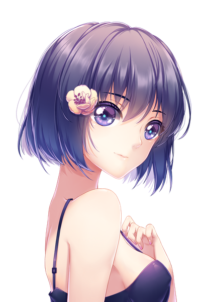 Anime picture 983x1459 with original guliangdun single tall image looking at viewer fringe short hair hair between eyes purple eyes bare shoulders purple hair hair flower symbol-shaped pupils portrait transparent background girl hair ornament flower (flowers)
