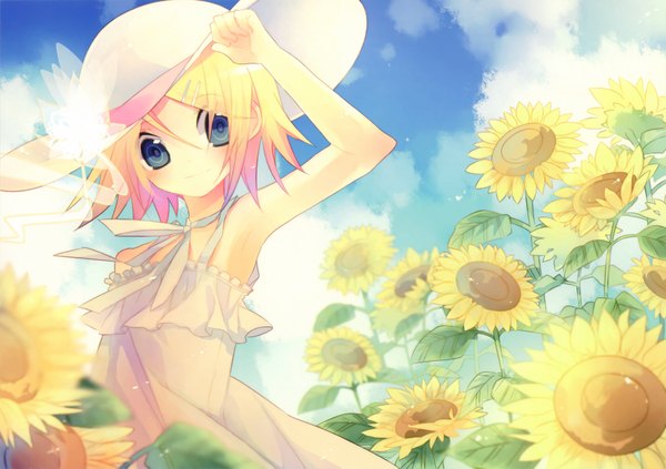 Anime picture 1716x1211 with vocaloid kagamine rin yamiko blush highres short hair blonde hair sky cloud (clouds) girl flower (flowers) hat sundress sunflower