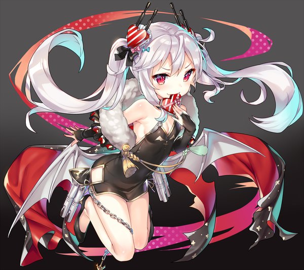 Anime picture 2000x1782 with azur lane vampire (azur lane) vampire (the breath of spring) (azur lane) mokyu single long hair looking at viewer blush highres breasts light erotic simple background smile red eyes twintails bare shoulders holding silver hair full body bent knee (knees)