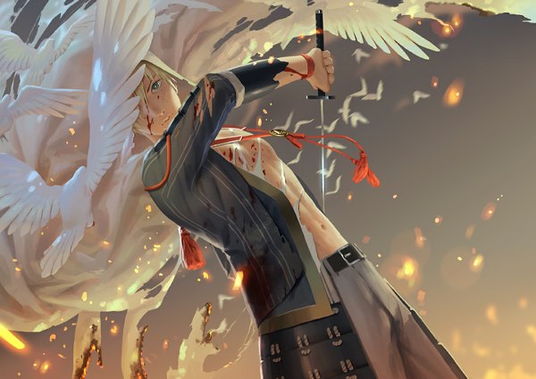 Anime picture 1191x842 with touken ranbu nitroplus yamanbagiri kunihiro penguin frontier single looking at viewer fringe short hair blue eyes blonde hair holding lips hair over one eye realistic torn clothes eyebrows muscle burning boy animal