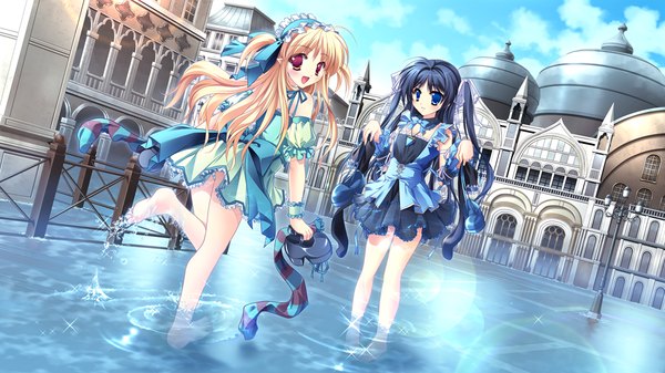 Anime picture 1024x576 with toki o kanaderu waltz sora wo aogite kumo takaku mint (sora wo aogite kumo takaku) thuya de long hair open mouth blue eyes black hair blonde hair red eyes wide image multiple girls game cg loli girl dress 2 girls