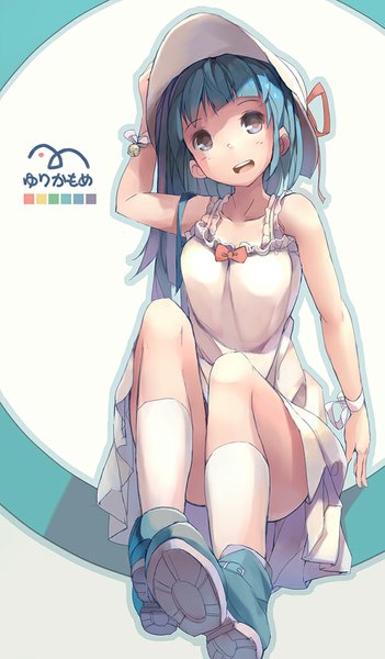 Anime picture 586x1000 with original huanxiang huifeng single long hair tall image fringe open mouth blue eyes simple background sitting blue hair looking away girl dress ribbon (ribbons) hat socks boots headdress white dress