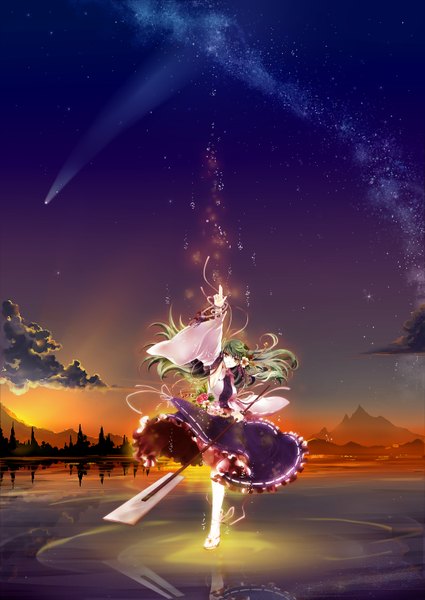 Anime picture 2149x3035 with touhou kochiya sanae socha single long hair tall image highres yellow eyes absurdres cloud (clouds) hair flower green hair outstretched arm glowing evening reflection sunset mountain scenic shooting star