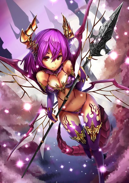 Anime picture 636x900 with original mokijet single long hair tall image looking at viewer fringe breasts light erotic smile hair between eyes red eyes holding cleavage purple hair tail horn (horns) bare belly flying insect wings