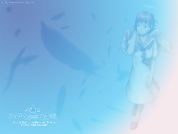 Anime picture 1024x768 with haibane renmei rakka (haibane) abe yoshitoshi single short hair signed full body barefoot copyright name third-party edit walking girl wings feather (feathers) halo