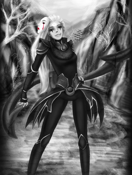 Anime picture 3000x3982 with league of legends diana (league of legends) single long hair tall image looking at viewer highres smile standing holding white hair lips facial mark monochrome mask on head bare tree spot color girl weapon plant (plants)