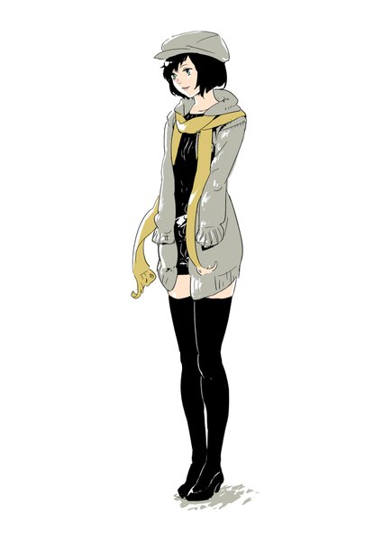 Anime picture 1253x1770 with original nagisa kurousagi single tall image looking at viewer short hair black hair simple background standing white background green eyes full body parted lips hands in pockets cute girl thighhighs black thighhighs hat shorts