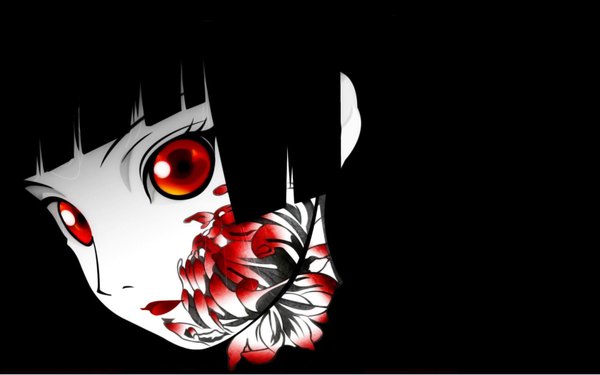 Anime picture 1680x1050 with hell girl studio deen enma ai fringe short hair black hair simple background red eyes wide image lips tattoo facial mark black background face face paint blending girl