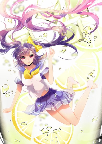 Anime picture 700x988 with original mimosa single tall image looking at viewer fringe open mouth twintails payot pink hair purple hair full body bent knee (knees) very long hair pleated skirt pink eyes multicolored hair barefoot bare legs :o