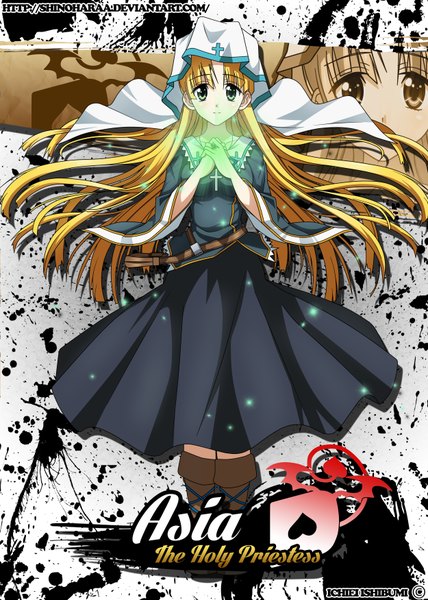 Anime picture 2500x3500 with highschool dxd asia argento shinoharaa (artist) single long hair tall image blush fringe highres breasts blonde hair green eyes light smile crossed arms nun praying girl dress black dress ring