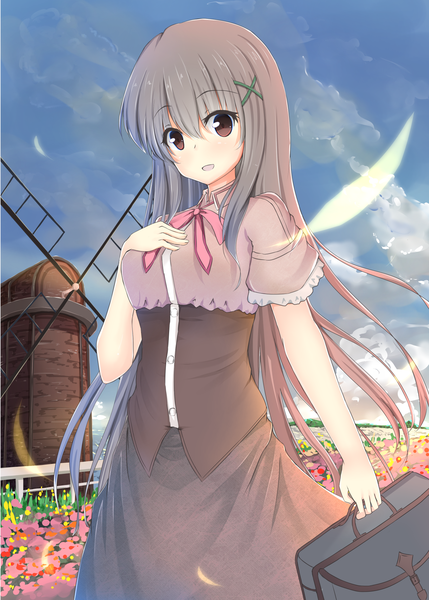Anime picture 1296x1812 with original shirotaso0818 long hair tall image looking at viewer blush open mouth smile brown eyes sky cloud (clouds) grey hair hand on chest girl dress hair ornament flower (flowers) hairclip x hair ornament feather (feathers)