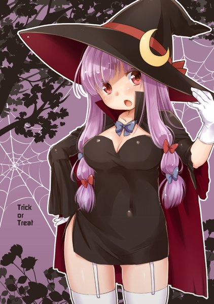 Anime picture 1000x1421 with touhou patchouli knowledge yukiu con single long hair tall image blush open mouth red eyes purple hair crescent girl thighhighs gloves white thighhighs witch hat