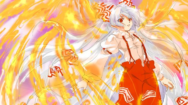 Anime picture 1280x720 with touhou fujiwara no mokou kona (canaria) long hair red eyes wide image white hair girl wings pants fire suspenders