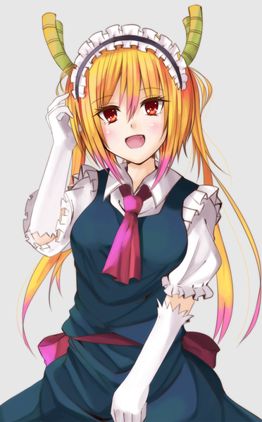 Anime picture 620x1000 with kobayashi-san chi no maidragon kyoto animation tooru (maidragon) fuussu (21-kazin) single long hair tall image blush fringe open mouth simple background blonde hair hair between eyes red eyes twintails head tilt multicolored hair horn (horns) grey background two-tone hair