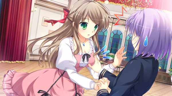 Anime picture 1024x576 with himegoto masquerade shirahane itsuki mikeou long hair blush fringe short hair breasts light erotic brown hair wide image green eyes game cg purple hair parted lips holding hands hand on chest breast grab otoko no ko girl
