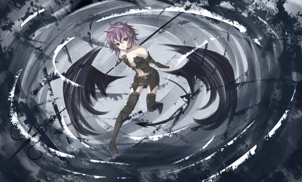 Anime picture 2150x1300 with shintani tsushiya single highres short hair wide image purple eyes bare shoulders purple hair tail horn (horns) from above looking up demon girl demon tail black wings demon girl thighhighs weapon wings
