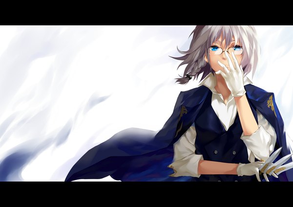 Anime picture 1240x877 with touhou izayoi sakuya lightofheaven single short hair blue eyes simple background silver hair braid (braids) twin braids girl gloves bow hair bow glasses
