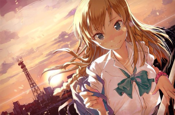 Anime picture 1200x790 with idolmaster idolmaster million live! kousaka umi yae (mono110) single long hair looking at viewer blush fringe blonde hair sky braid (braids) wind twin braids city evening sunset wrist scrunchie girl shirt