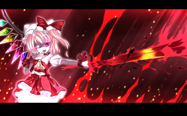Anime picture 1000x620 with touhou flandre scarlet kiyomin single short hair blonde hair wide image pink eyes letterboxed girl dress skirt weapon sword wings headdress tongue collar skirt set laevatein (touhou)