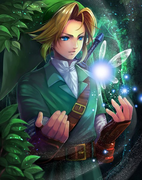 Anime picture 1296x1637 with the legend of zelda the legend of zelda: ocarina of time link navi kudo kunugi tall image short hair blue eyes blonde hair standing pointy ears flying fantasy glow transparent fairy boy gloves weapon plant (plants)