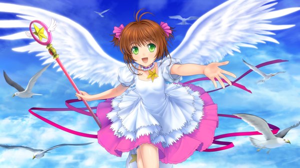 Anime picture 4622x2600 with card captor sakura clamp kinomoto sakura mutsuki (moonknives) single highres short hair open mouth brown hair wide image green eyes absurdres sky cloud (clouds) ahoge two side up girl dress bow ribbon (ribbons)