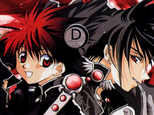 Anime picture 1024x768 with d.n.angel xebec niwa daisuke dark mousy sugisaki yukiru looking at viewer short hair open mouth black hair smile red eyes red hair :d multiple boys character names open collar unzipped boy gloves 2 boys