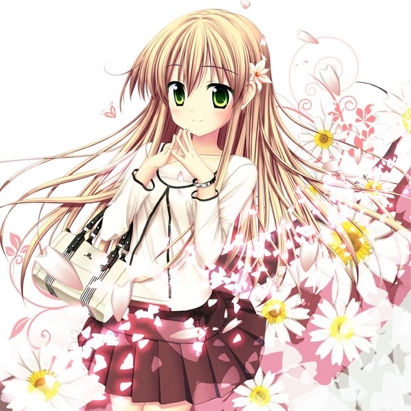 Anime picture 1000x1000 with original akizuki tsukasa single long hair looking at viewer blush blonde hair green eyes girl hair ornament flower (flowers) petals