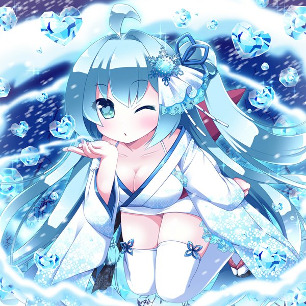 Anime picture 1000x1000 with original ringo yuyu single looking at viewer blush blue eyes light erotic blue hair very long hair traditional clothes japanese clothes one eye closed wink girl thighhighs white thighhighs kimono ice