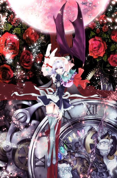 Anime picture 1510x2280 with touhou remilia scarlet ichikawa ryuunosuke tall image highres short hair red eyes purple eyes multiple girls white hair one eye closed green hair wink maid thigh gap bat wings girl thighhighs flower (flowers) 2 girls