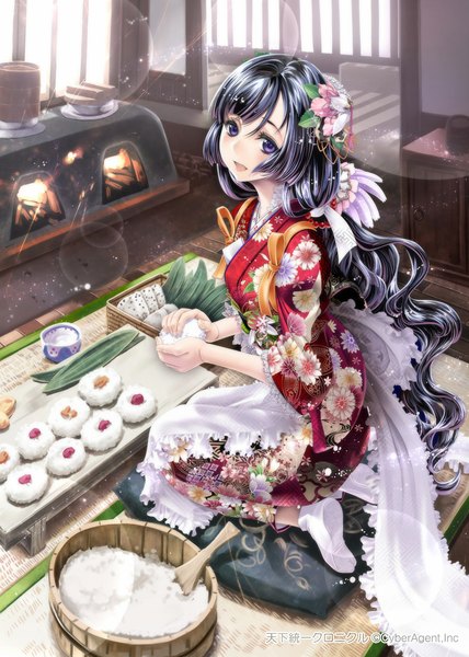 Anime picture 745x1044 with original sumomo kpa single long hair tall image looking at viewer blush open mouth blue eyes black hair traditional clothes japanese clothes hair flower cooking girl hair ornament flower (flowers) socks food kimono