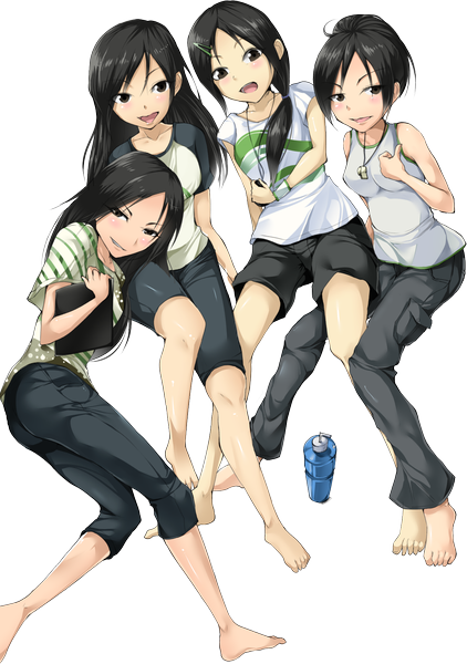 Anime picture 1288x1831 with solru (tyappygain) long hair tall image looking at viewer blush short hair open mouth black hair smile multiple girls brown eyes barefoot legs transparent background girl shorts 4 girls