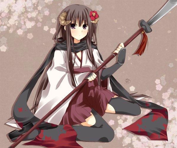Anime picture 1200x1000 with inu x boku ss david production shirakiin ririchiyo single long hair looking at viewer blush black hair purple eyes traditional clothes japanese clothes hair flower horn (horns) nontraditional miko girl thighhighs skirt hair ornament weapon black thighhighs