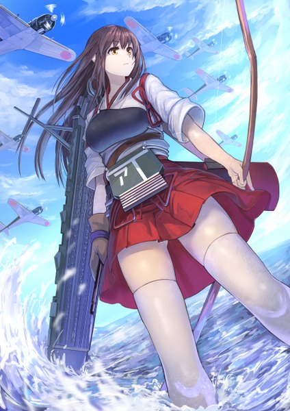Anime picture 868x1228 with kantai collection akagi aircraft carrier koruse single long hair tall image brown hair looking away sky traditional clothes japanese clothes orange eyes girl thighhighs skirt weapon miniskirt white thighhighs water sea