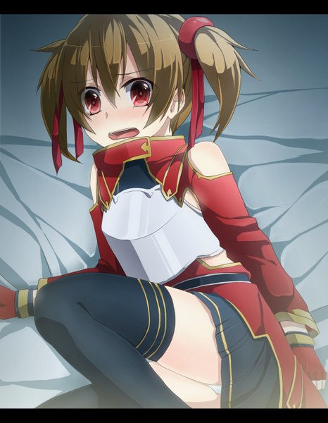 Anime picture 1100x1415 with sword art online a-1 pictures silica keita (tundereyuina) tall image blush short hair open mouth red eyes brown hair twintails short twintails girl thighhighs skirt ribbon (ribbons) black thighhighs hair ribbon miniskirt