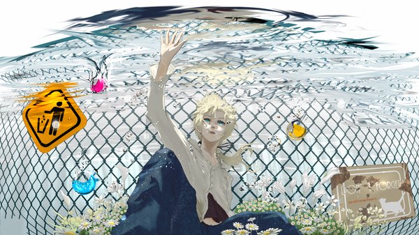 Anime picture 2200x1237 with vocaloid kagamine len nine (plantroom9) single long hair highres open mouth blue eyes blonde hair wide image looking away bent knee (knees) ponytail parted lips outstretched arm looking up underwater boy flower (flowers) water